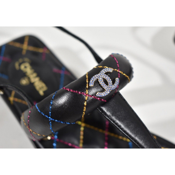 Chanel 21K Black Multicolor Leather CC Logo Mule Slide Flat Thong Sandal 37.5 - Picture 4 of 11
